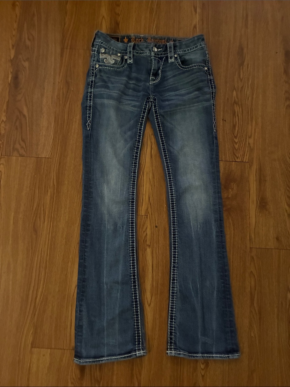 Rock Revival Women's Boot Cut Jeans - Dark Blue Wash size 26 x 32 rhinestones
